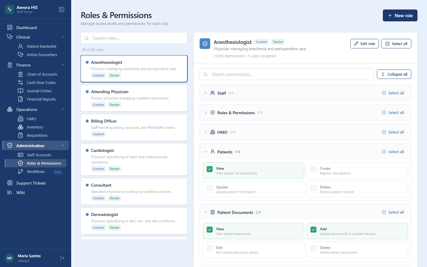 Roles & Permissions view
