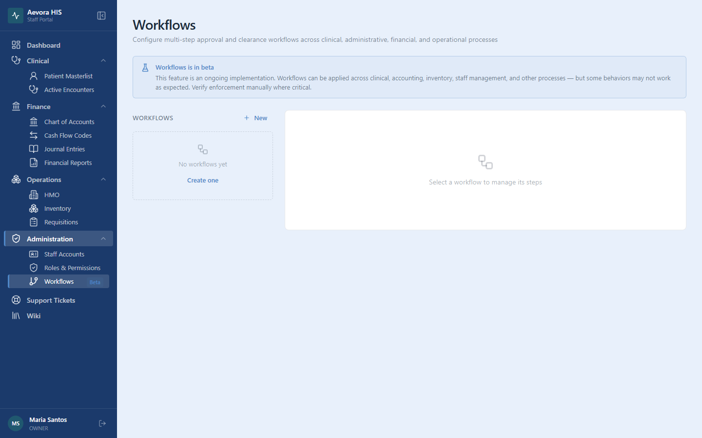 Workflow definitions list