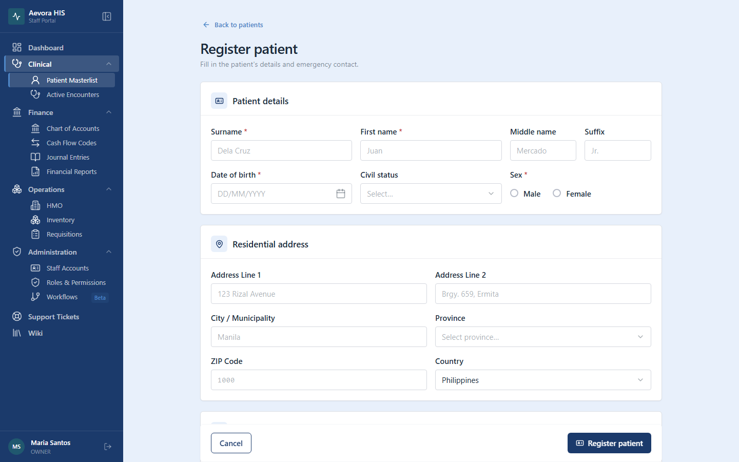 Patient registration form