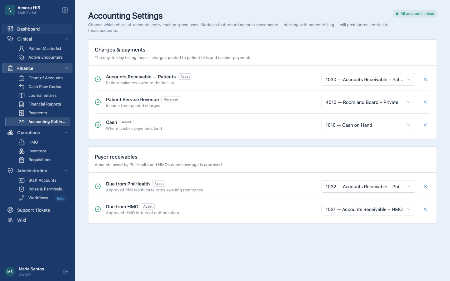 Accounting Settings view