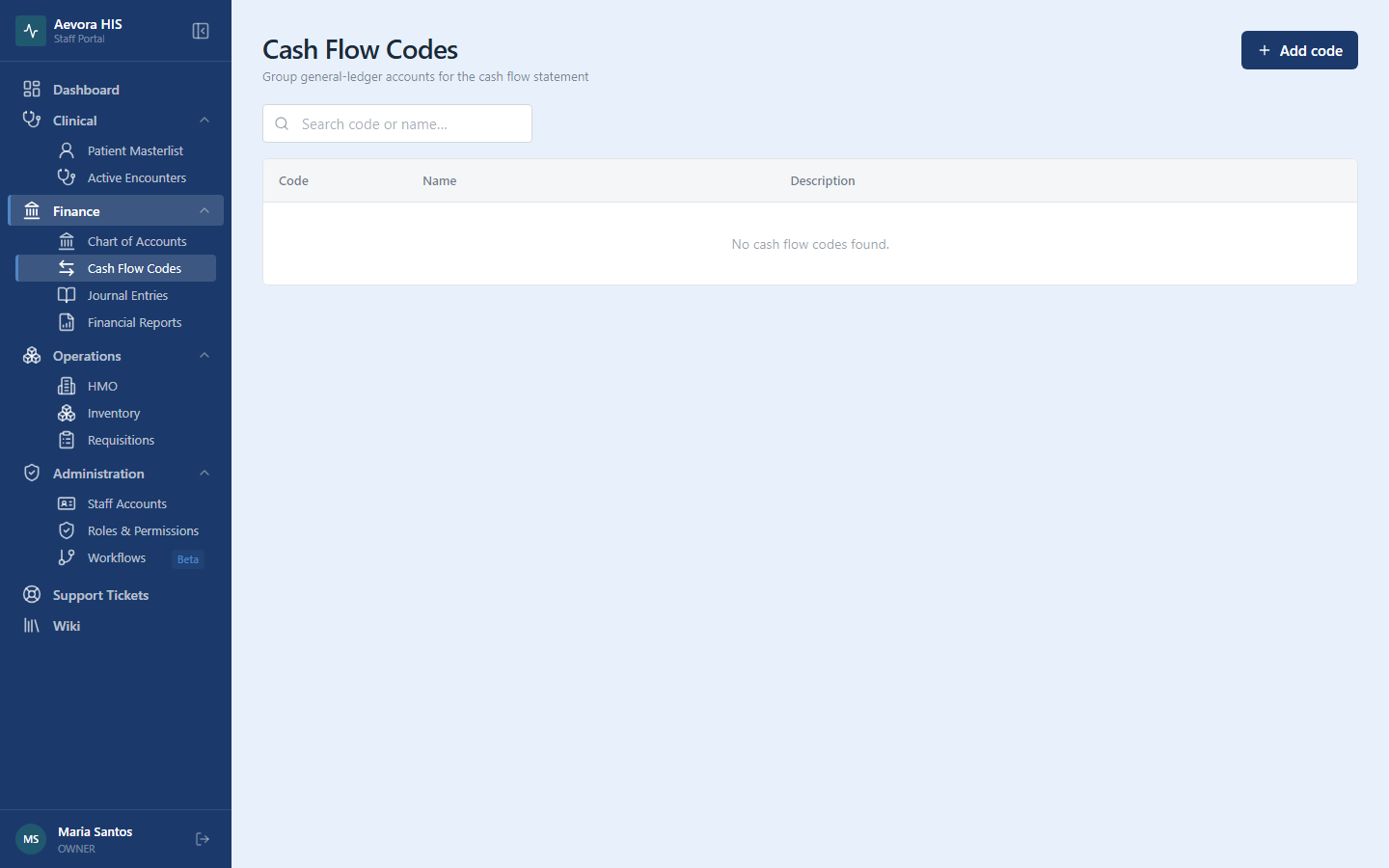 Cash Flow Codes list view
