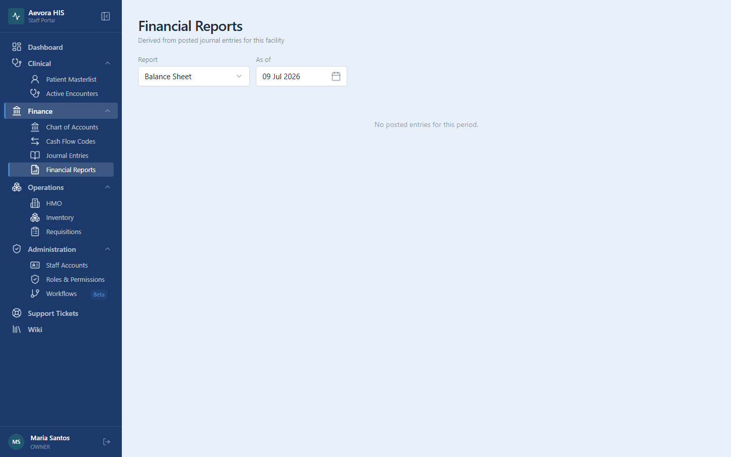 Financial Reports view
