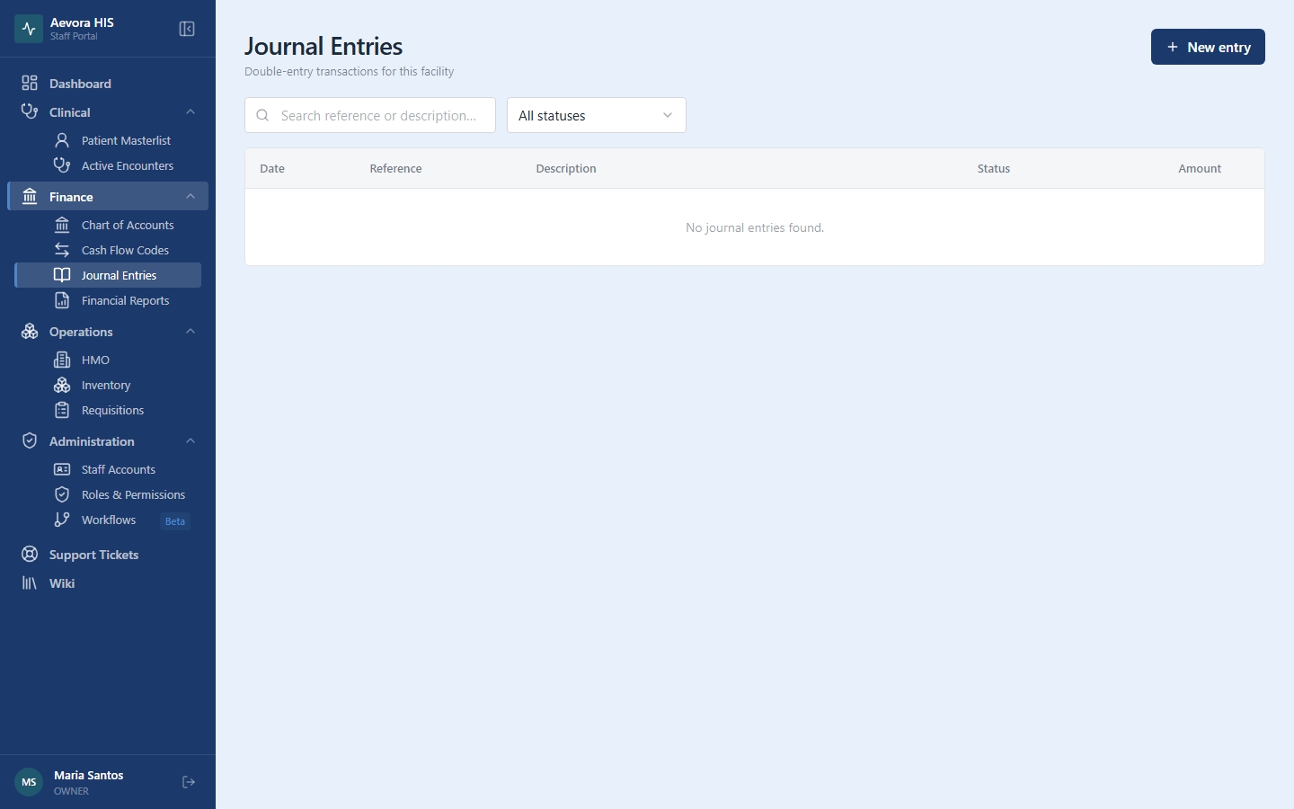 Journal Entries list view