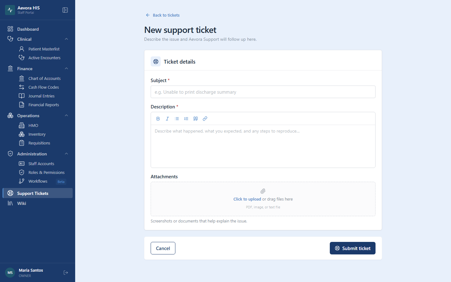 New support ticket form